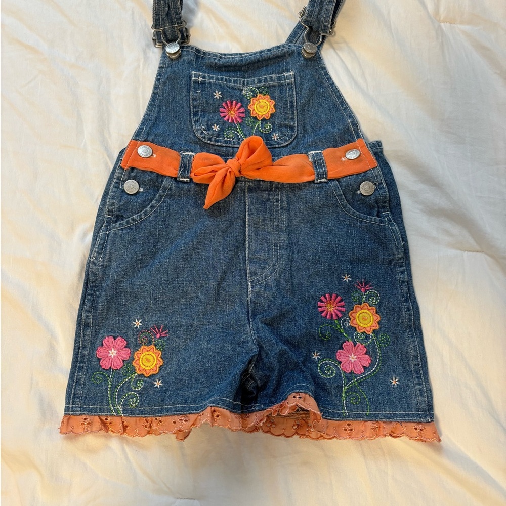 Young Hearts Denim Overalls Floral Embroidery Orange lace Accents size 3T